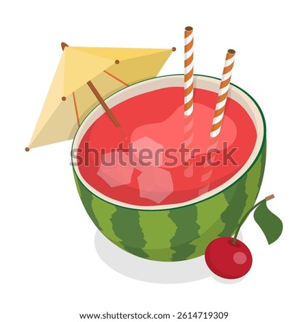 Refreshing watermelon cocktail with  striped straws and umbrella. Summer party fruit  punch. Flat isometric vector eps 10.