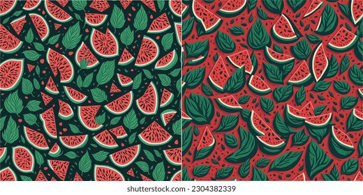 A refreshing watermelon pattern vector background showcases a delightful arrangement of vibrant watermelon slices, with their juicy pink flesh and contrasting green rinds, evoking a sense of summertim