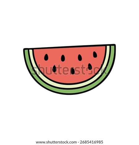 Refreshing Watermelon Slice Doodle. Vibrant hand-drawn fruit illustration, a juicy red melon segment with seeds and green rind, symbolizing summer joy and healthy eating. Bright, cheerful design.
