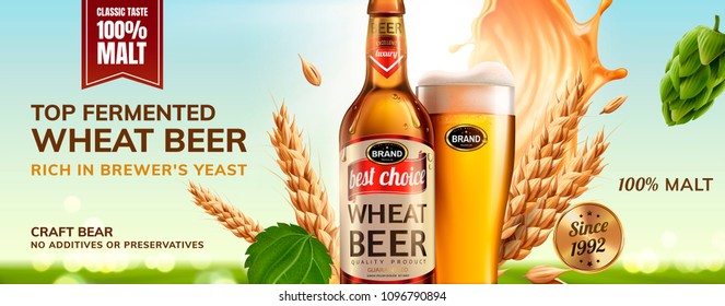 Refreshing wheat beer with glass bottle filled with beverage and ingredients flying in the air.