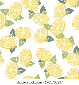 Refreshing Yellow Lemon Slices with Green Leaves on White Background Repeat Vector Seamless Pattern