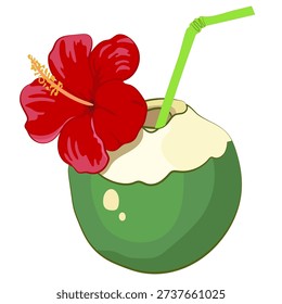 Refreshing young green coconut drink garnished with a bright red hibiscus flower and green straw represents a perfect symbol for tropical relaxation and summer vacation refreshment.