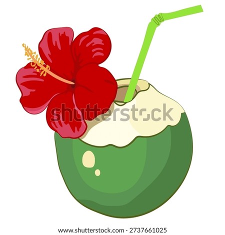 Refreshing young green coconut drink garnished with a bright red hibiscus flower and green straw represents a perfect symbol for tropical relaxation and summer vacation refreshment.
