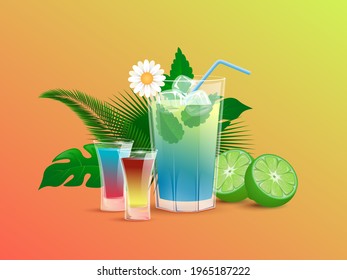 Refreshment alcoholic drinks with lime, ice cubes, straws, and tropical leaves. Colorful and fresh summer beverages vector cartoon illustration. Alcohol cocktails in bar or restaurant glassware.