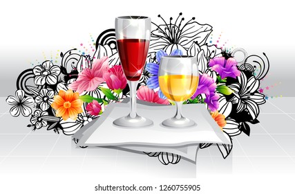 Refreshment beverage in glass with flora design