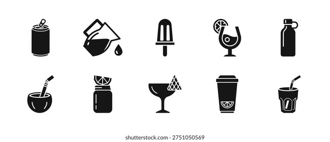 Refreshment and beverage icons: soda can, pitcher, popsicle, cocktail glass, bottle, coconut drink, mason jar, margarita glass, to-go cup, iced drink