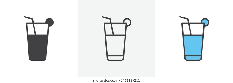 Refreshment Drink Icon Set. Beverage Vector Symbol. Cold Juice Glass Sign. Soft Drink Emblem.