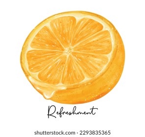 Refreshment half cut of orange fruit with liquid drip watercolor hand painting Semi realistic illustration vector isolated on white background.