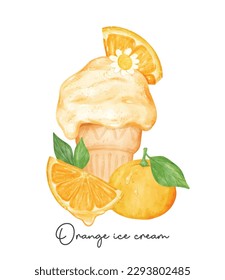 Refreshment homemade orange ice cream waffel cone with fruits composition watercolour illustration vector banner isolated on white background.