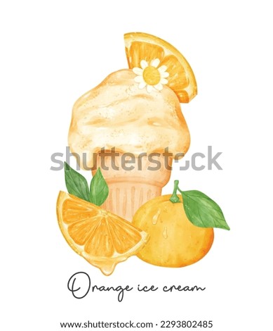 Refreshment homemade orange ice cream waffel cone with fruits composition watercolour illustration vector banner isolated on white background.