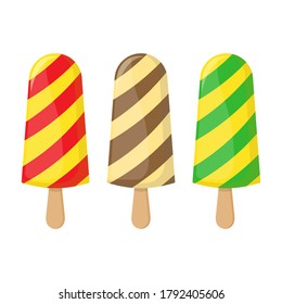 Juego de vectores realistas de helados de refresco, tres helados de chocolate brillantes sobre un palo de madera de diferentes colores