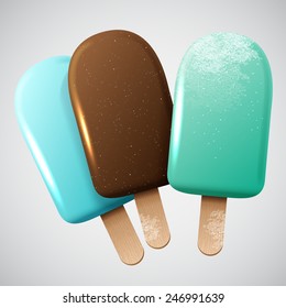 Refreshment ice-cream realistic vector set, three bright chocolate ice creams on a  wooden stick in a different colors 