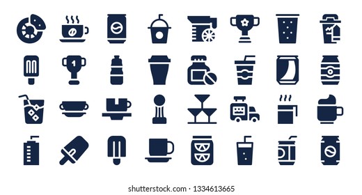 refreshment icon set. 32 filled refreshment icons. on blue background style Collection Of - Break, Popsicle, Drink, Water bottle, Cup, Can, Bottle, Soda, Juice, Drinks, Lemonade