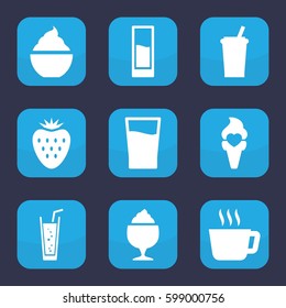 refreshment icon. Set of 9 filled refreshment icons such as milkshake, soda, ice cream, drink, strawberry