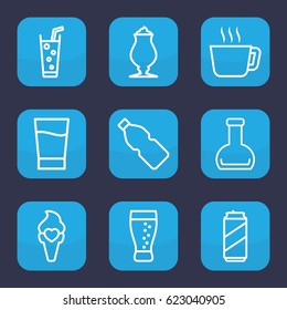 Refreshment icon. set of 9 outline refreshment icons such as milkshake, soda, ice cream, bottle, drink, beer can