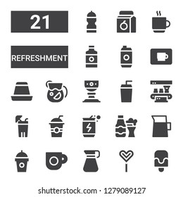 refreshment icon set. Collection of 21 filled refreshment icons included Popsicle, Popsicle stick, Pitcher, Coffee cup, Drink, Lemonade, Bottle, Energy drink, Drinks, Cup, Juice