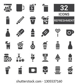 refreshment icon set. Collection of 32 filled refreshment icons included Drinks, Water dispenser, Popsicle, Coffee cup, Juice, Drink, Water bottle, Cup, Bottle, Bottles, Straw