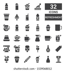 refreshment icon set. Collection of 32 filled refreshment icons included Cup, Bottle, Drink, Popsicle, Coffee cup, Juice, Energy drink, Pitcher, Creme caramel, Water bottle, Drinks