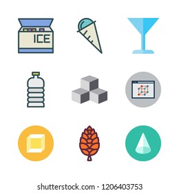 refreshment icon set. vector set about cone, cocktail, cube and water bottle icons set.