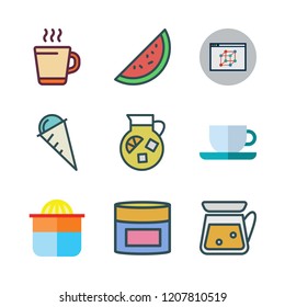 refreshment icon set. vector set about tea cup, lemonade, hot drink and watermelon icons set.