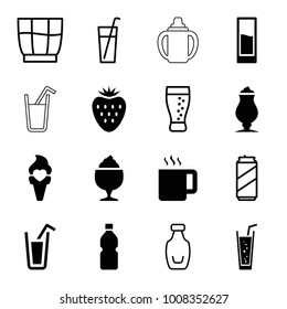 Refreshment icons. set of 16 editable filled and outline refreshment icons such as milkshake, soda, ice cream, drink, bottle, strawberry, beer can, baby bottle