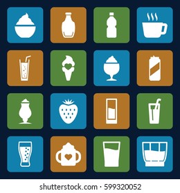 refreshment icons set. Set of 16 refreshment filled icons such as baby bottle, milkshake, soda, ice cream, bottle, drink, strawberry, beer can