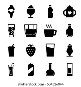 Refreshment icons set. set of 16 refreshment filled icons such as baby bottle, milkshake, soda, ice cream, bottle, drink, strawberry, beer can