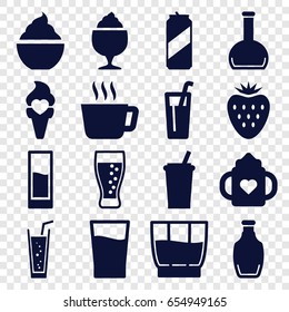 Refreshment icons set. set of 16 refreshment filled icons such as baby bottle, milkshake, soda, ice cream, bottle, drink, strawberry, beer can