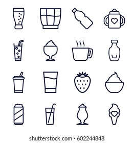 refreshment icons set. Set of 16 refreshment outline icons such as baby bottle, milkshake, soda, ice cream, bottle, drink, strawberry, beer can