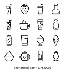 Refreshment icons set. set of 16 refreshment outline icons such as baby bottle, milkshake, soda, ice cream, bottle, drink, strawberry, beer can