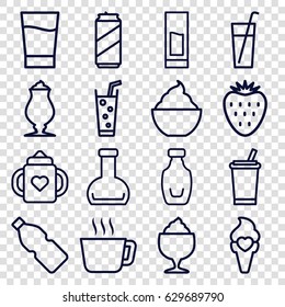 Refreshment icons set. set of 16 refreshment outline icons such as baby bottle, milkshake, soda, ice cream, bottle, drink, strawberry, beer can