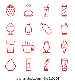 Refreshment icons set. set of 16 refreshment outline icons such as milkshake, soda, ice cream, bottle, drink, strawberry, beer can