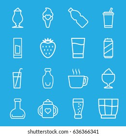 Refreshment icons set. set of 16 refreshment outline icons such as baby bottle, milkshake, ice cream, bottle, drink, soda, strawberry, beer can