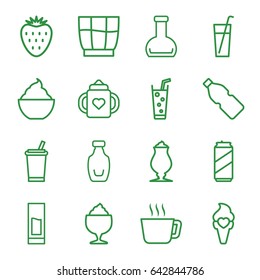 Refreshment icons set. set of 16 refreshment outline icons such as baby bottle, milkshake, soda, ice cream, bottle, drink, strawberry, beer can