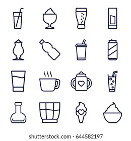 Refreshment icons set. set of 16 refreshment outline icons such as baby bottle, milkshake, soda, ice cream, bottle, drink, beer can