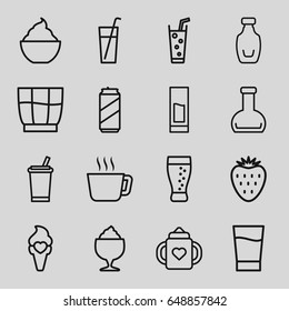 Refreshment icons set. set of 16 refreshment outline icons such as baby bottle, milkshake, soda, ice cream, bottle, drink, strawberry, beer can
