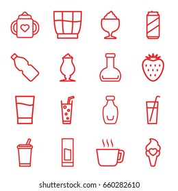 Refreshment icons set. set of 16 refreshment outline icons such as baby bottle, milkshake, soda, ice cream, bottle, drink, strawberry, beer can