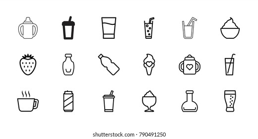 Refreshment icons. set of 18 editable outline refreshment icons: baby bottle, drink, tea, milkshake, soda, ice cream, bottle, strawberry