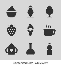 Refreshment icons set. set of 9 refreshment filled icons such as baby bottle, milkshake, ice cream, bottle, strawberry