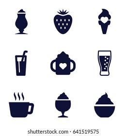 Refreshment icons set. set of 9 refreshment filled icons such as baby bottle, milkshake, ice cream, soda, strawberry, tea
