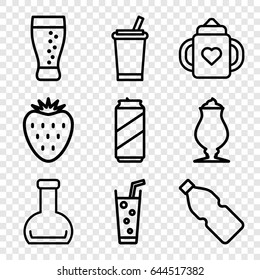Refreshment icons set. set of 9 refreshment outline icons such as baby bottle, milkshake, soda, bottle, strawberry, beer can