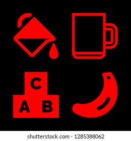 refreshment icons set with banana, liquid drop falling of a cup and cubes vector set