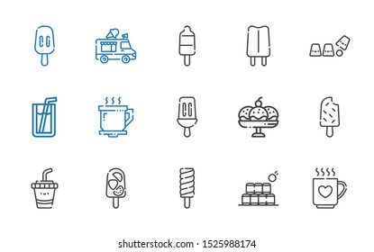 refreshment icons set. Collection of refreshment with drink, bottles, popsicle, cup, coffee cup, soda, ice cream truck. Editable and scalable refreshment icons.