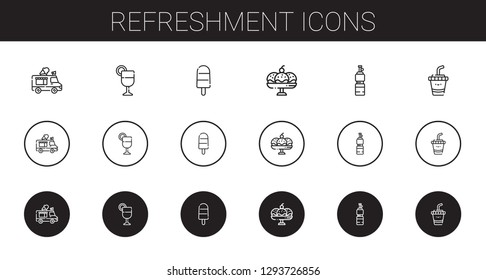 refreshment icons set. Collection of refreshment with ice cream truck, juice, popsicle, cup, bottle, drink. Editable and scalable refreshment icons.