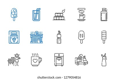 refreshment icons set. Collection of refreshment with whipped cream, ice cream truck, ice cream machine, drink, lemonade, popsicle, bottle. Editable and scalable refreshment icons.