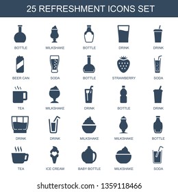 refreshment icons. Trendy 25 refreshment icons. Contain icons such as bottle, milkshake, drink, beer can, soda, strawberry, tea, ice cream. refreshment icon for web and mobile.