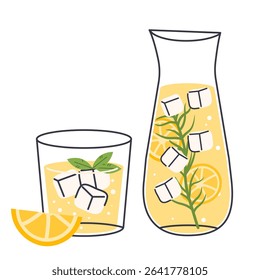 Refreshment lemonade in glass and carafe, with lemon slices, ice cube, rosemary vector illustration icon. Soda cold drink. Refreshing summer beverage, healthy natural juice, homemade recipe