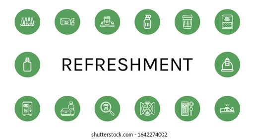 refreshment simple icons set. Contains such icons as Bottle, Tea bag, Coffee cup, Water bottle, Paper cup, Semolina, Juice, Plastic bottle, can be used for web, mobile and logo