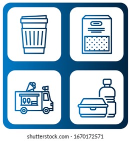 refreshment simple icons set. Contains such icons as Paper cup, Semolina, Ice cream truck, Plastic bottle, can be used for web, mobile and logo