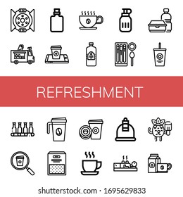 actualizar los iconos simples conjunto. Contiene iconos como Romper, helado coche, Botella, Café, Jugo, Botella de Agua, Churros, Frasco de Plástico, puede ser usado para web, móvil y logo